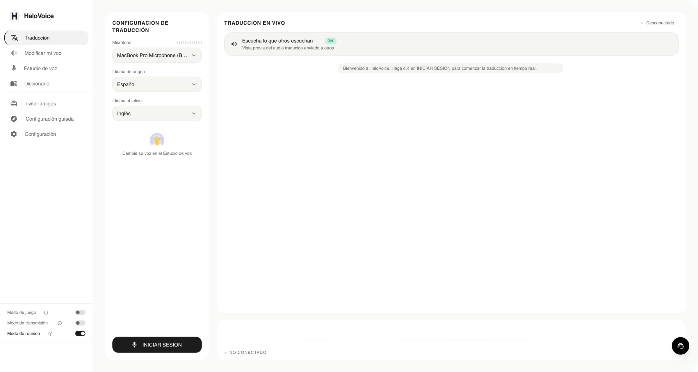 HaloVoice en español: idioma de origen Español, idioma objetivo Inglés y el botón Iniciar sesión
